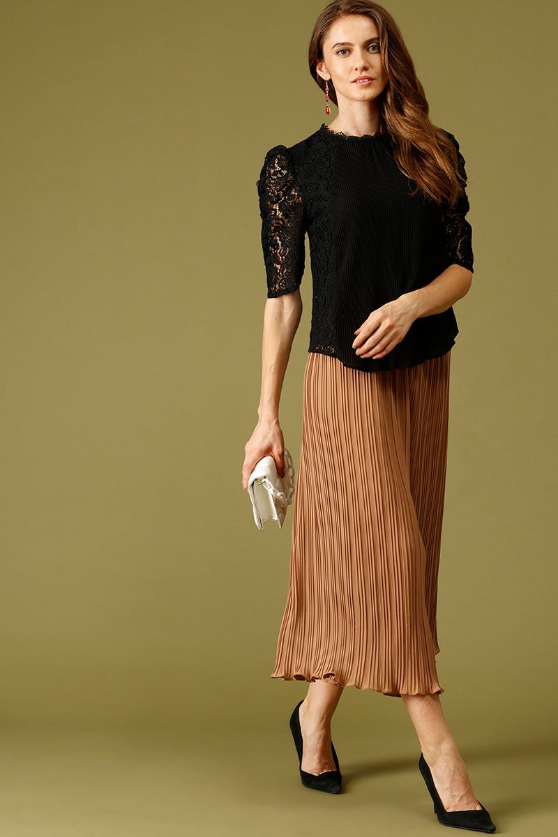 Black Medium Length Round Neck Polyester Top
