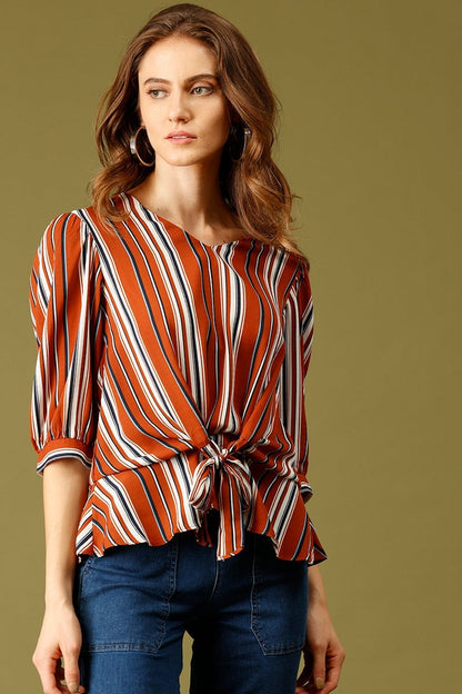 Orange Medium Length V-Neck Polyester Top