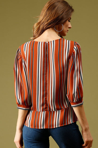 Orange Medium Length V-Neck Polyester Top