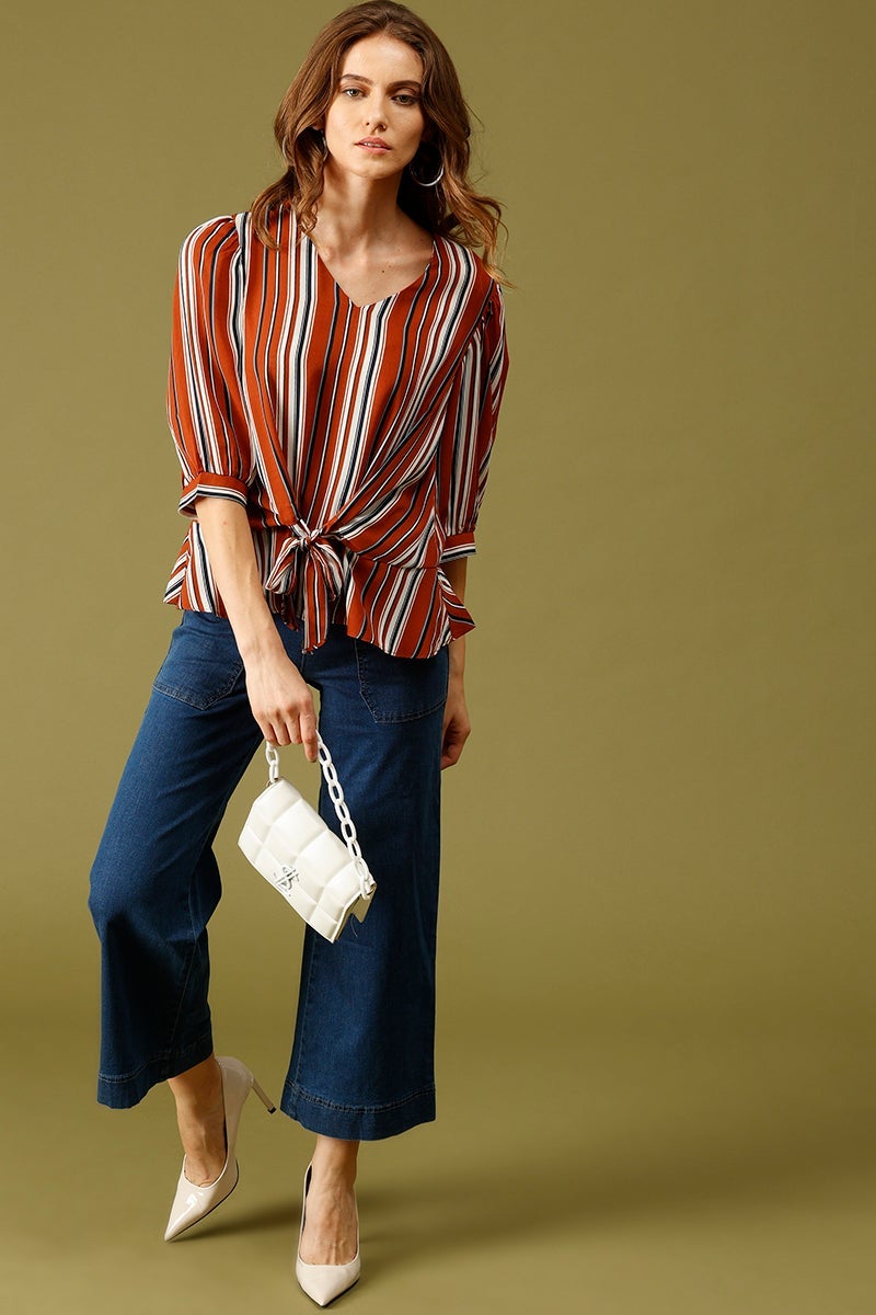 Orange Medium Length V-Neck Polyester Top