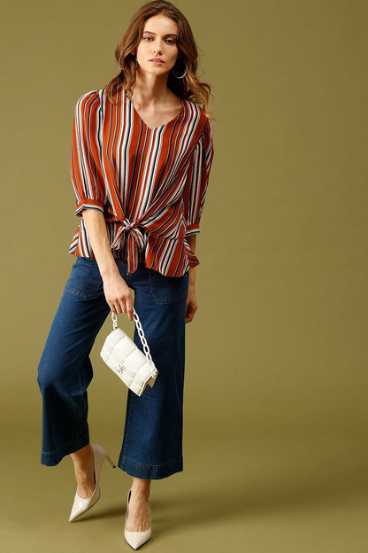 Orange Medium Length V-Neck Polyester Top