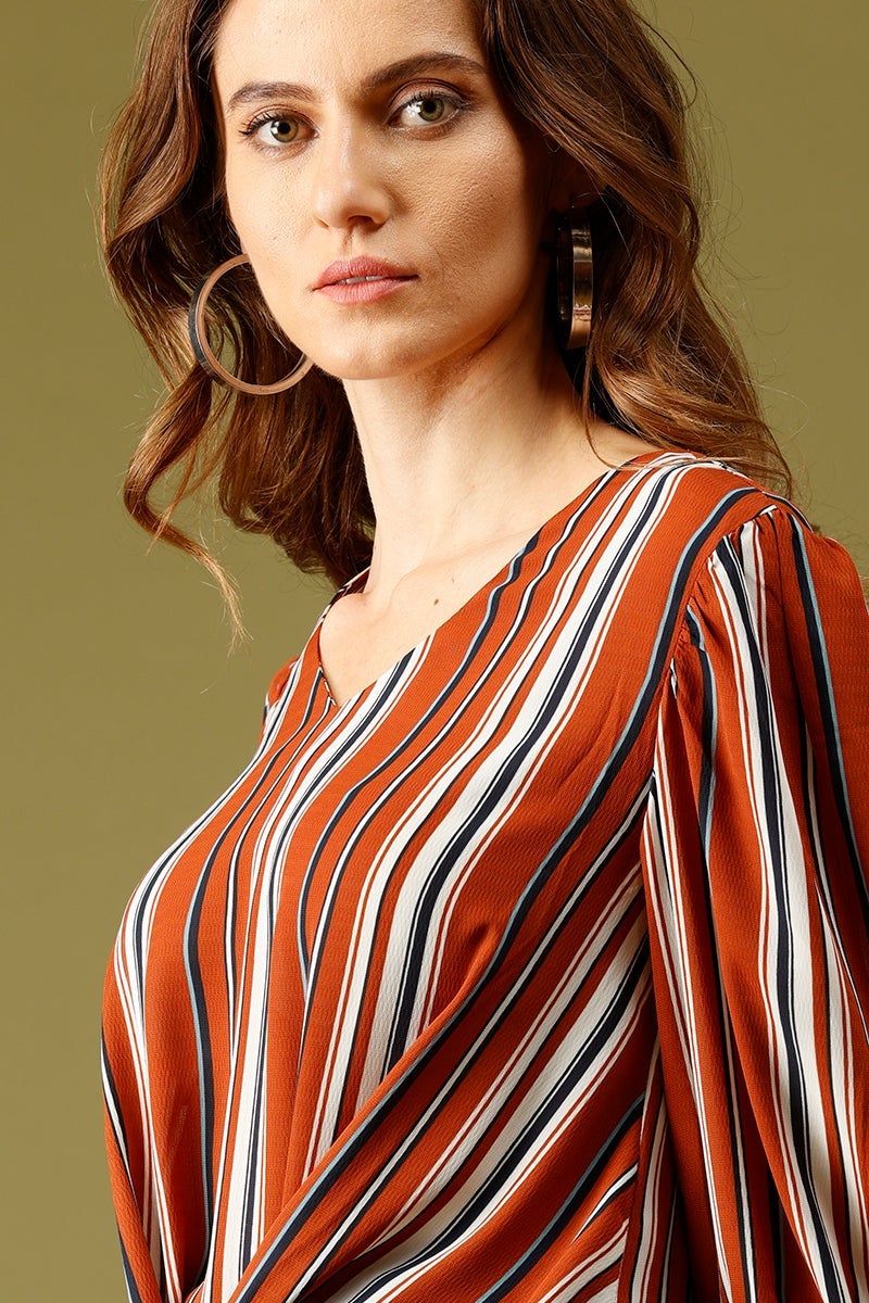 Orange Medium Length V-Neck Polyester Top
