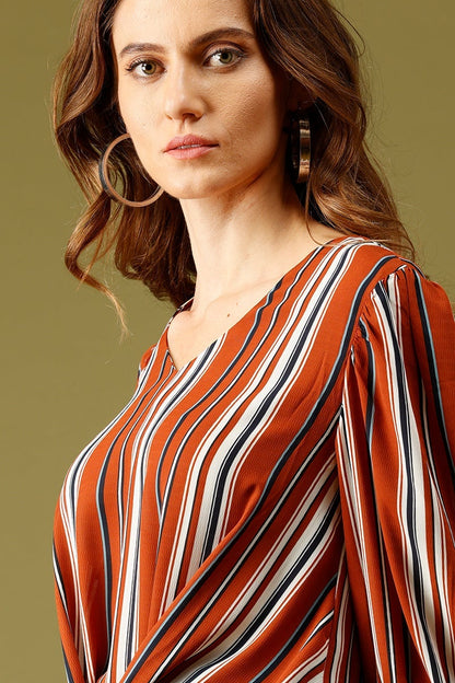 Orange Medium Length V-Neck Polyester Top