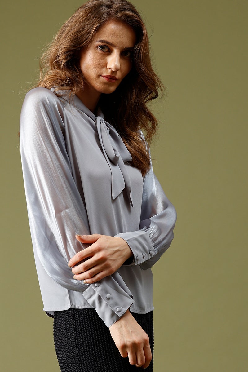 Grey Medium Length Tie-Up Polyester Top