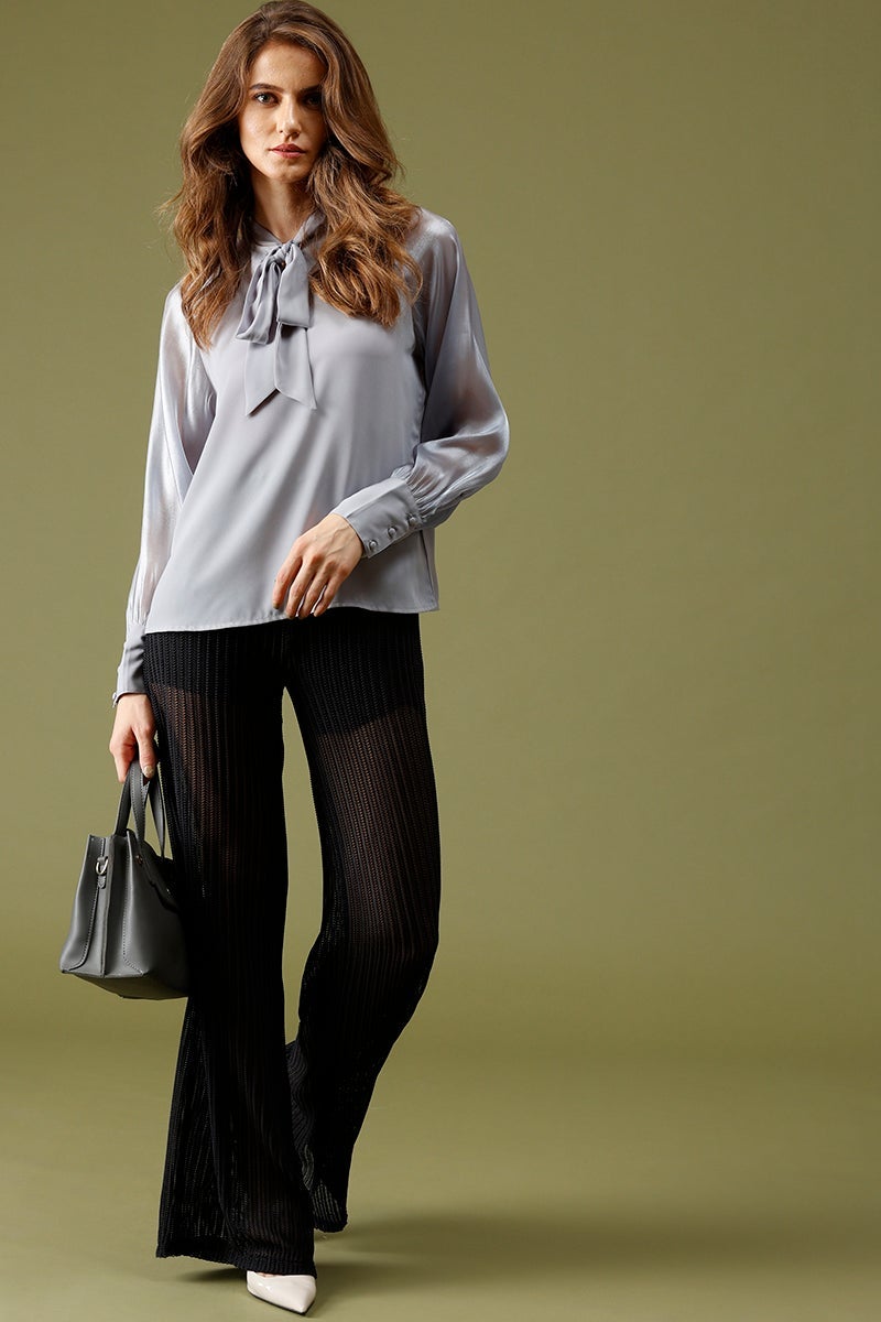 Grey Medium Length Tie-Up Polyester Top