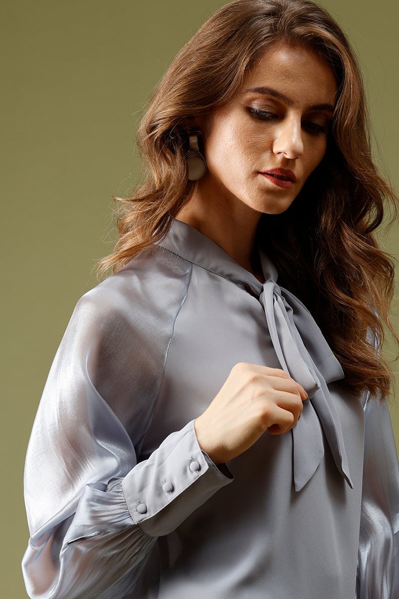 Grey Medium Length Tie-Up Polyester Top