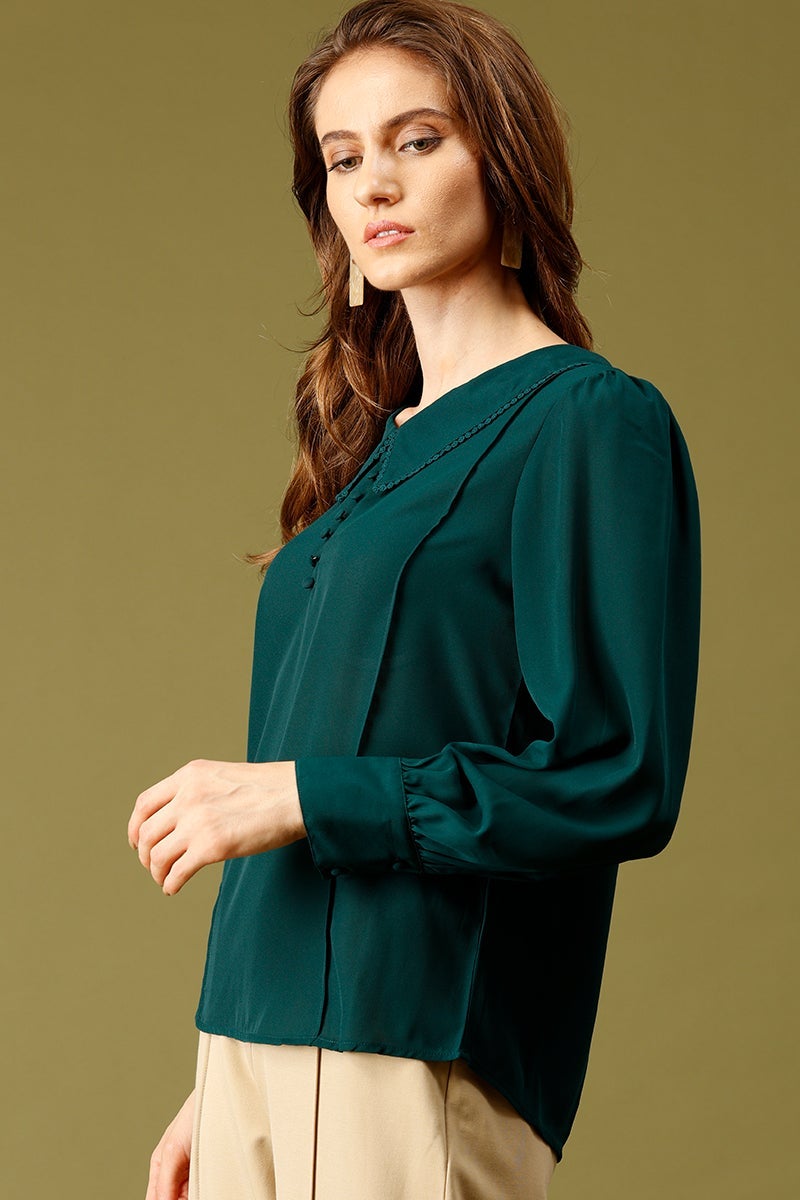 Bottle Green Medium Length Peter Pan Collar Polyester Top