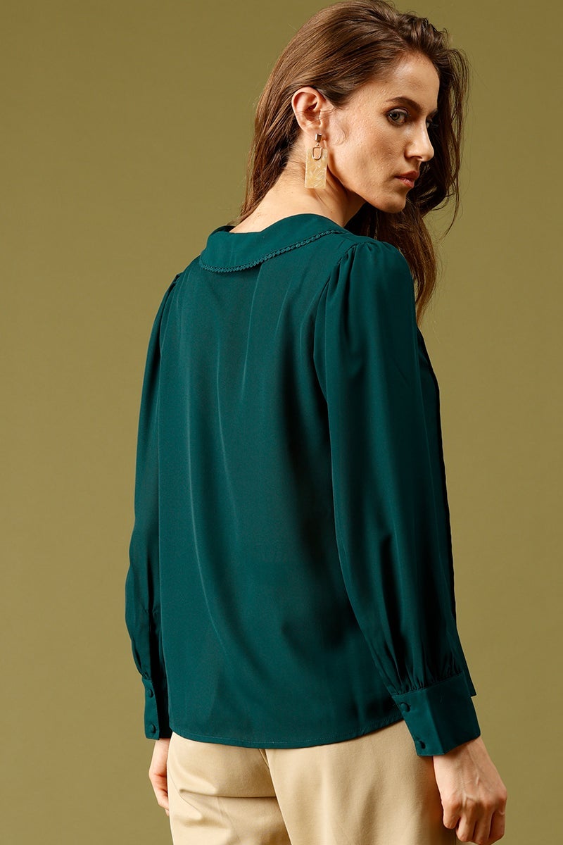 Bottle Green Medium Length Peter Pan Collar Polyester Top