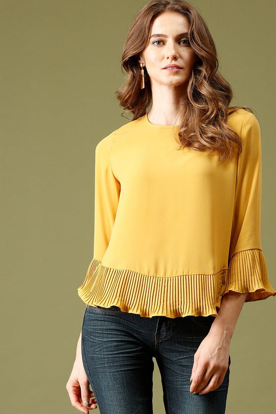 Mustard Medium Length Round Neck Polyester Top