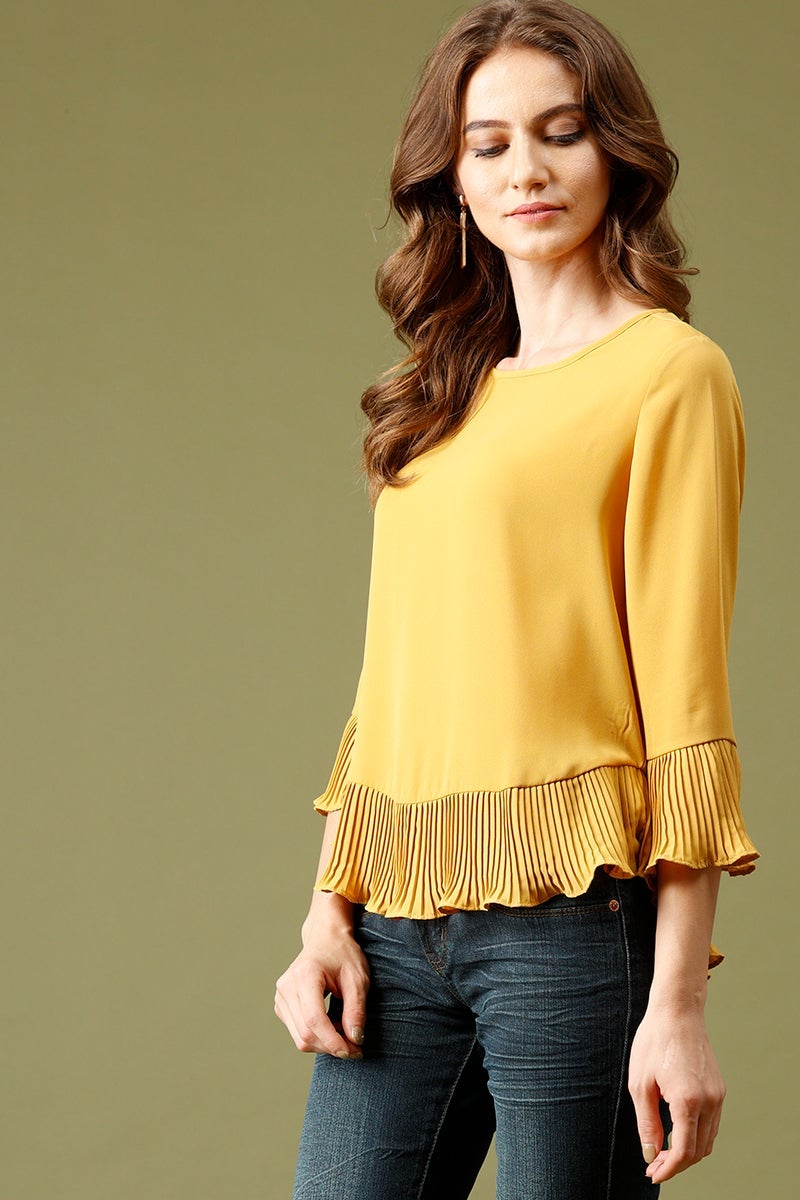 Mustard Medium Length Round Neck Polyester Top