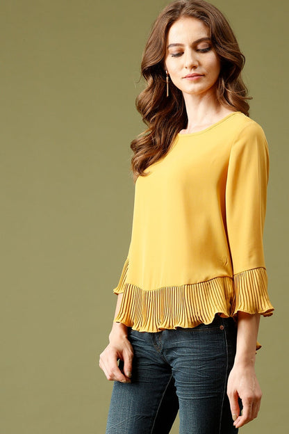 Mustard Medium Length Round Neck Polyester Top