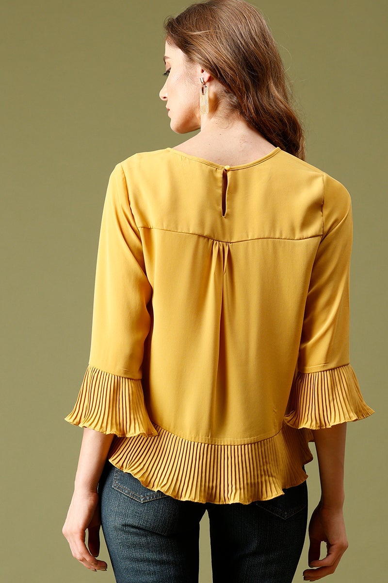 Mustard Medium Length Round Neck Polyester Top
