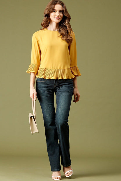Mustard Medium Length Round Neck Polyester Top