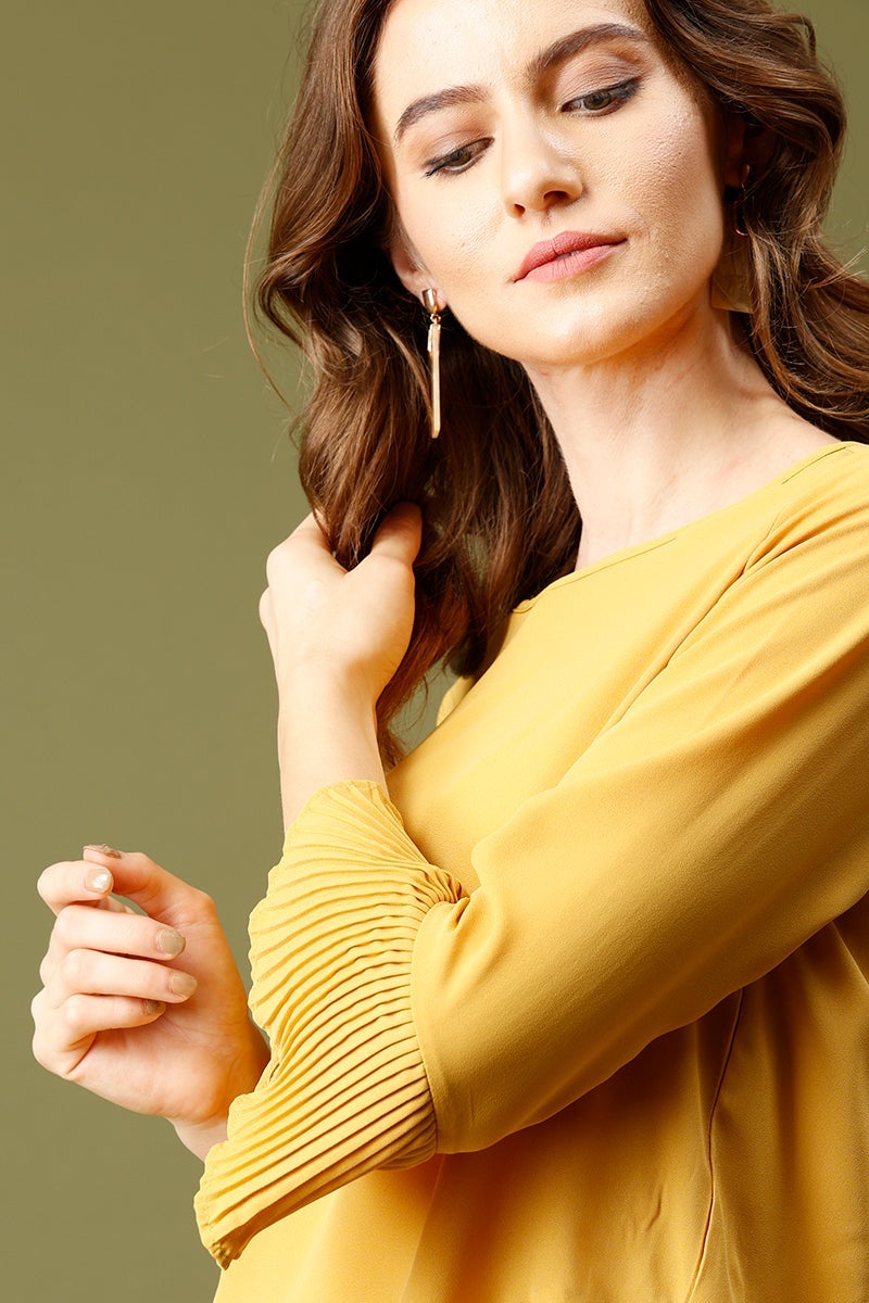 Mustard Medium Length Round Neck Polyester Top