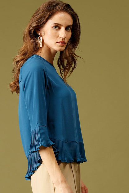 Teal Blue Medium Length Round Neck Polyester Top