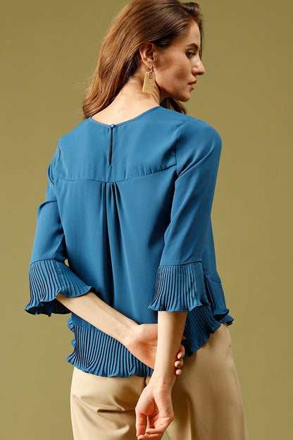 Teal Blue Medium Length Round Neck Polyester Top