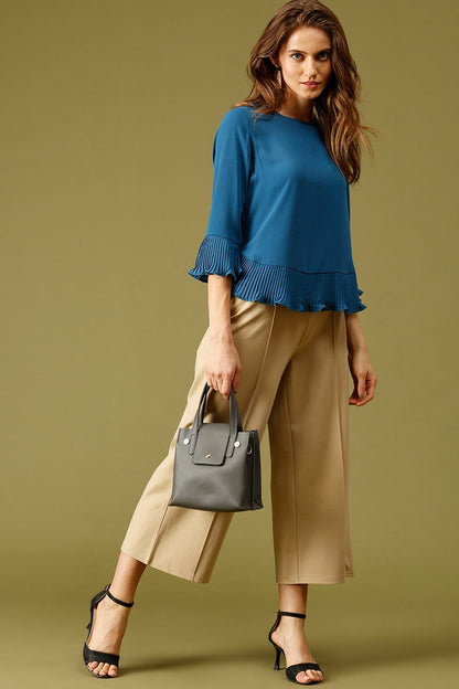 Teal Blue Medium Length Round Neck Polyester Top