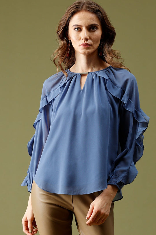 Blue Grey Medium Length KeyHole Neck Polyester Top