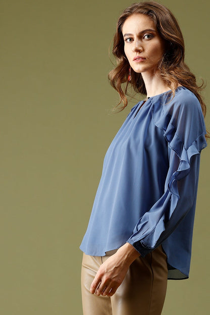 Blue Grey Medium Length KeyHole Neck Polyester Top