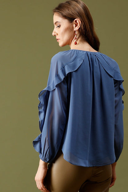 Blue Grey Medium Length KeyHole Neck Polyester Top