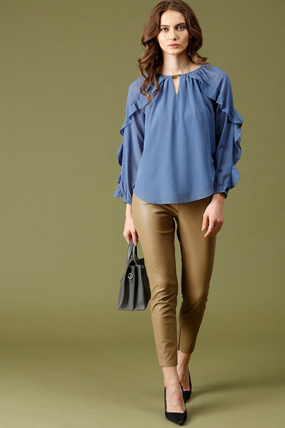 Blue Grey Medium Length KeyHole Neck Polyester Top