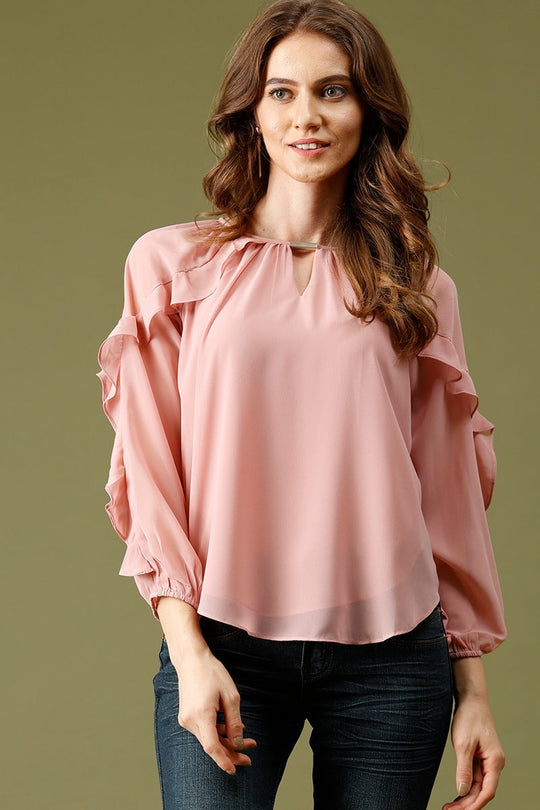 Dusky Pink Medium Length KeyHole Neck Polyester Top