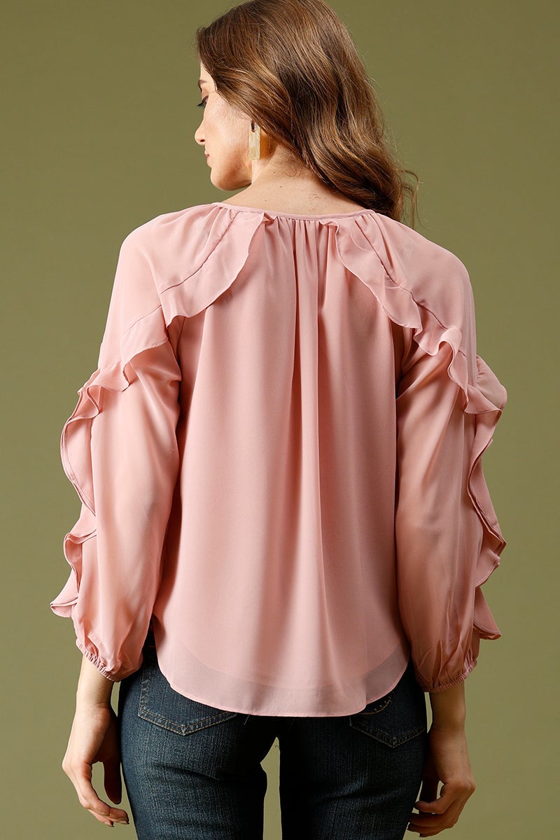Dusky Pink Medium Length KeyHole Neck Polyester Top