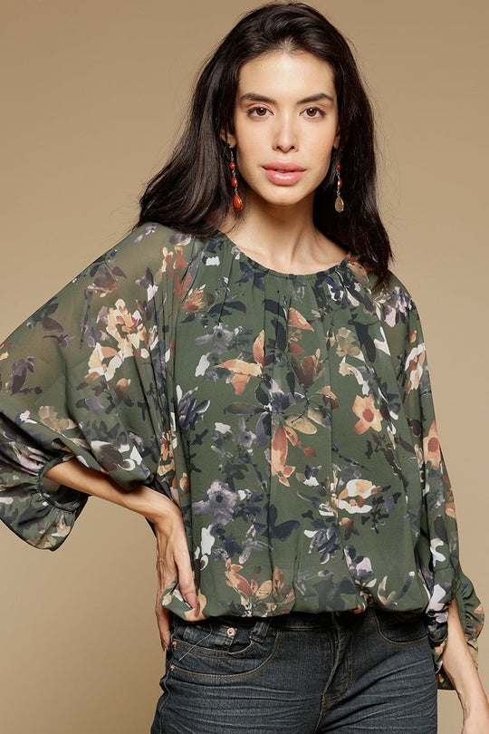 Olive Medium Length Round Neck 3/4th Sleeves Printed Georgette Top