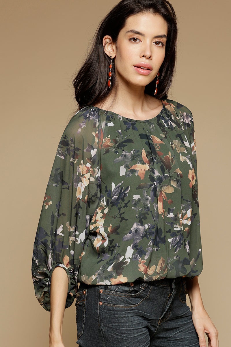 Olive Medium Length Round Neck 3/4th Sleeves Printed Georgette Top