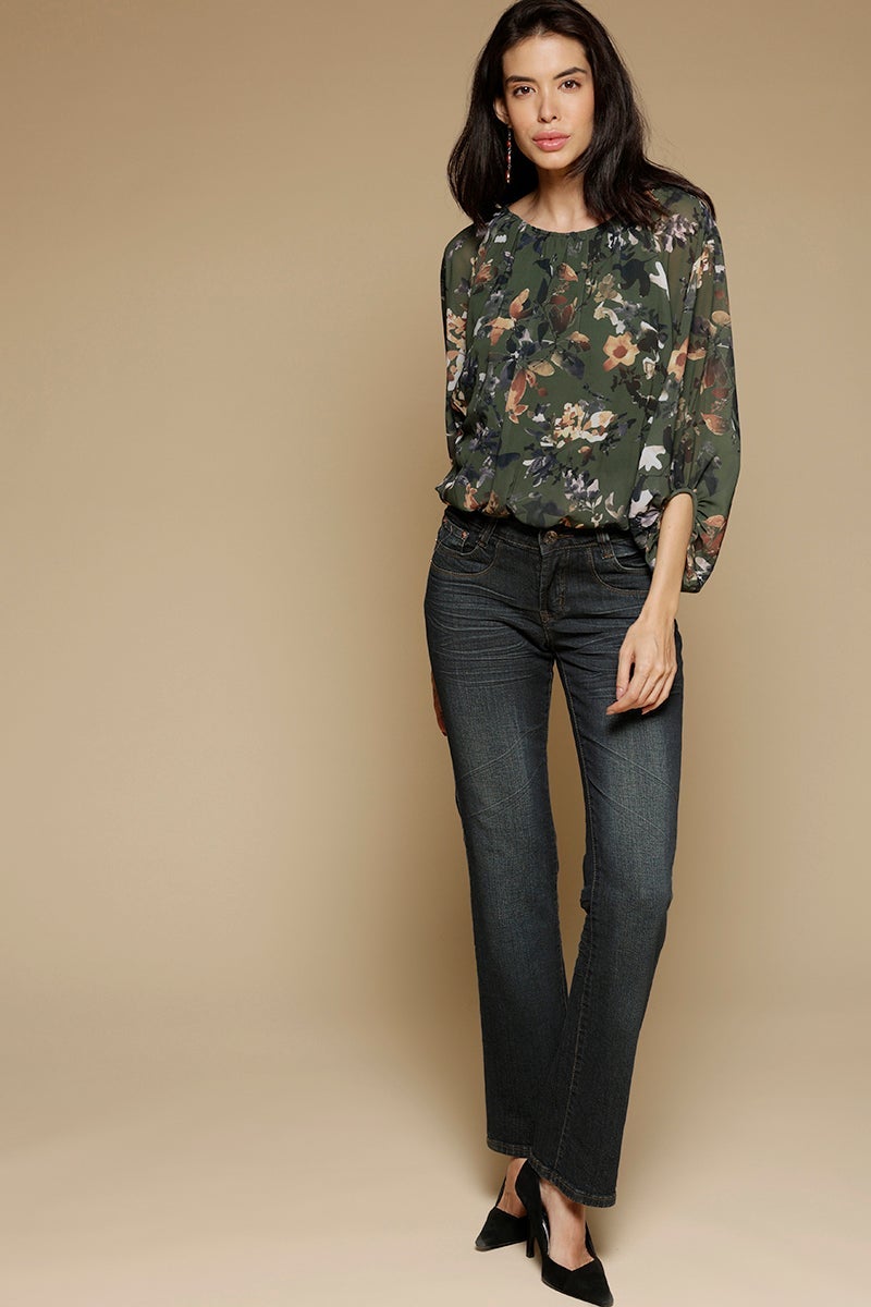 Olive Medium Length Round Neck 3/4th Sleeves Printed Georgette Top