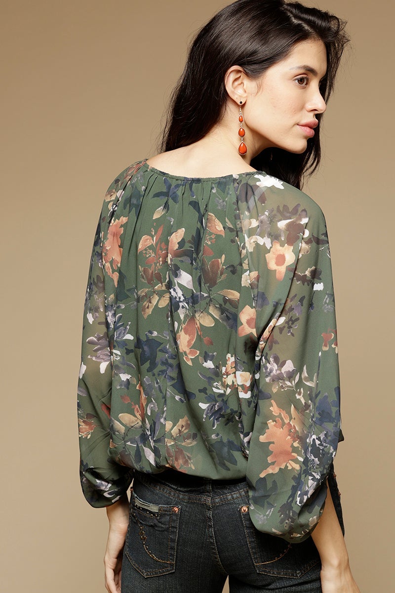 Olive Medium Length Round Neck 3/4th Sleeves Printed Georgette Top