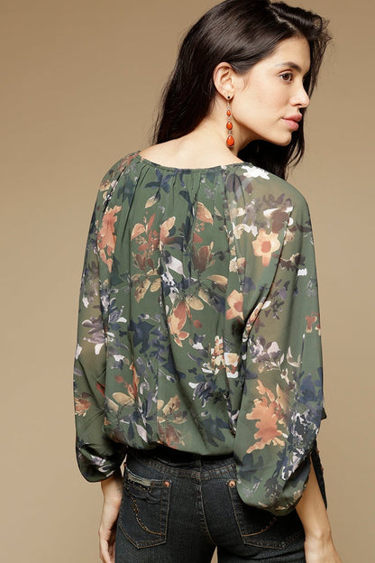 Olive Medium Length Round Neck 3/4th Sleeves Printed Georgette Top