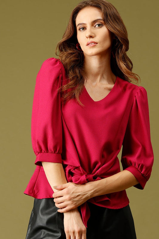 Magenta Medium Length V-Neck Polyester Top