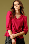 Magenta Medium Length V-Neck Polyester Top