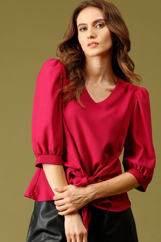 Magenta Medium Length V-Neck Polyester Top
