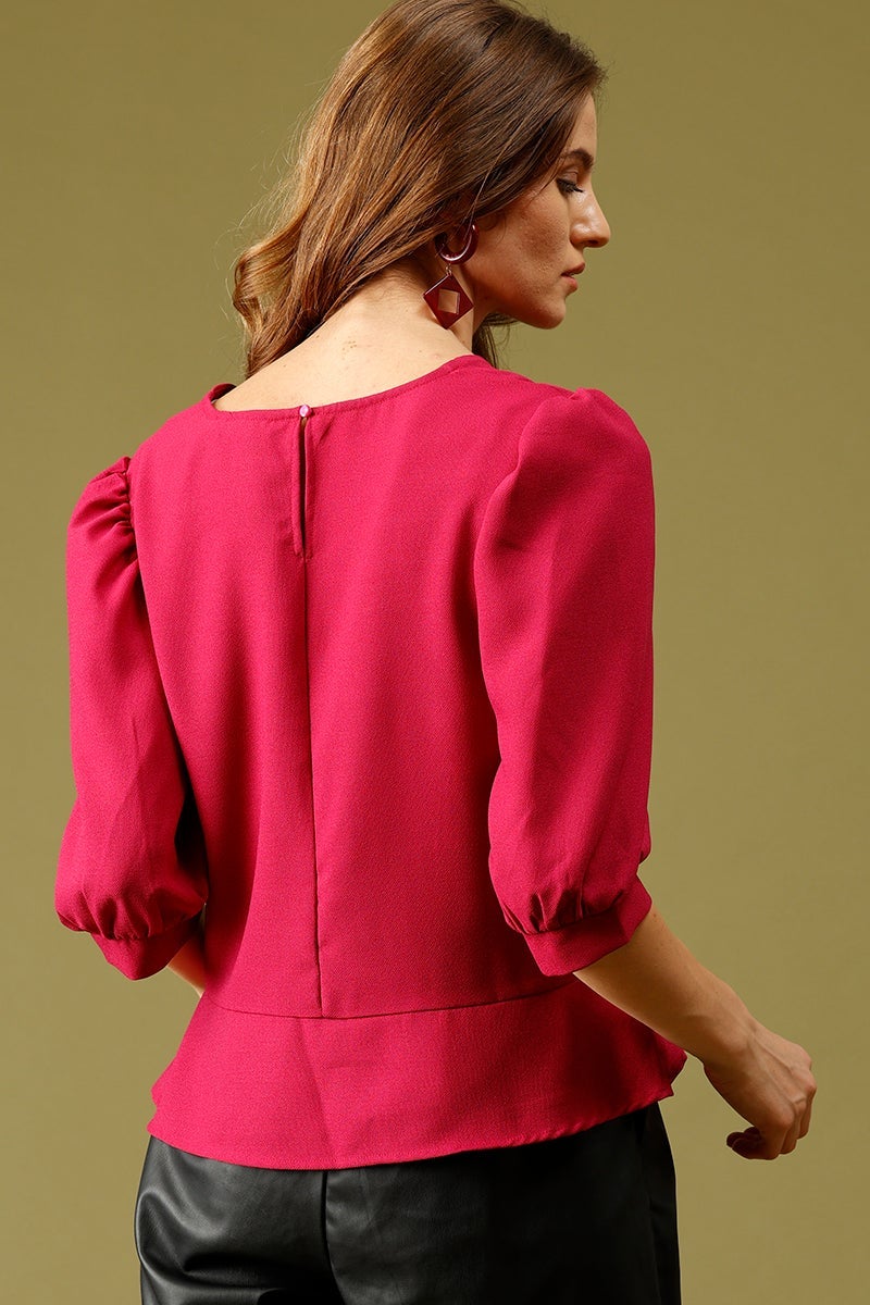 Magenta Medium Length V-Neck Polyester Top