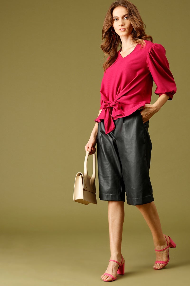 Magenta Medium Length V-Neck Polyester Top