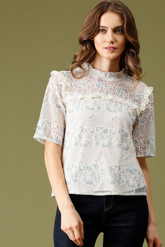 Cream Medium Length Choker Neck Polyester Top