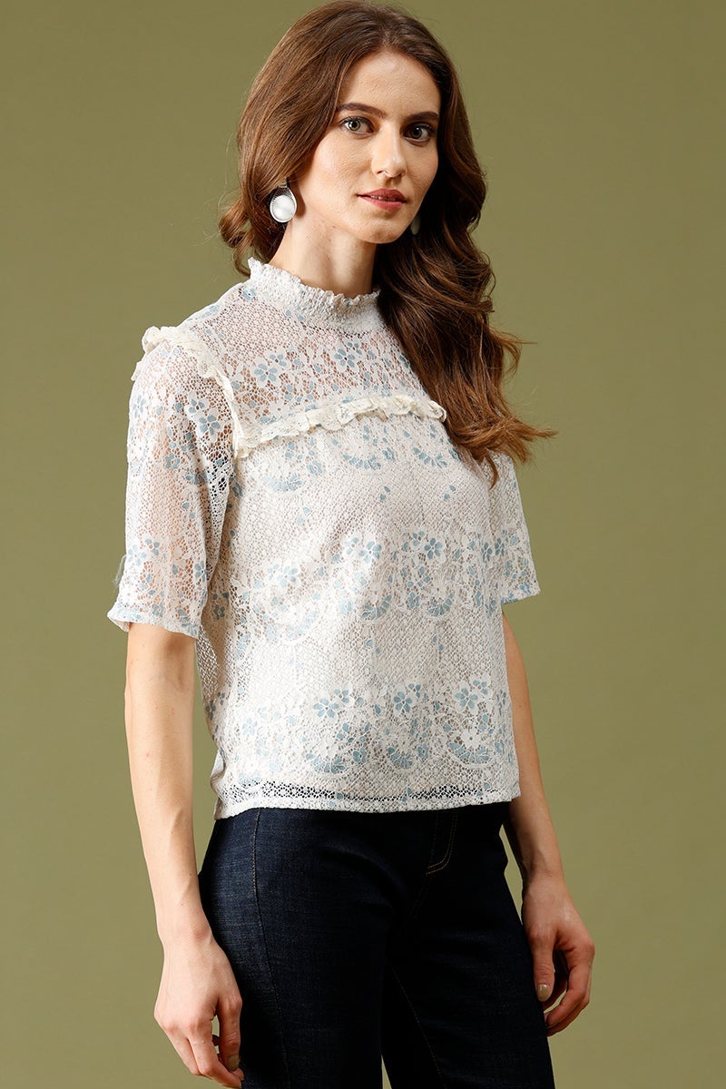 Cream Medium Length Choker Neck Polyester Top