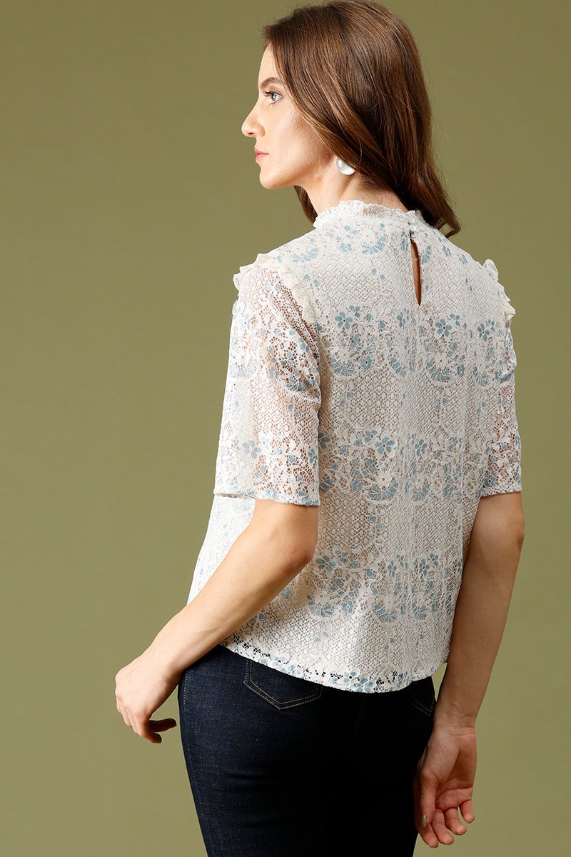 Cream Medium Length Choker Neck Polyester Top