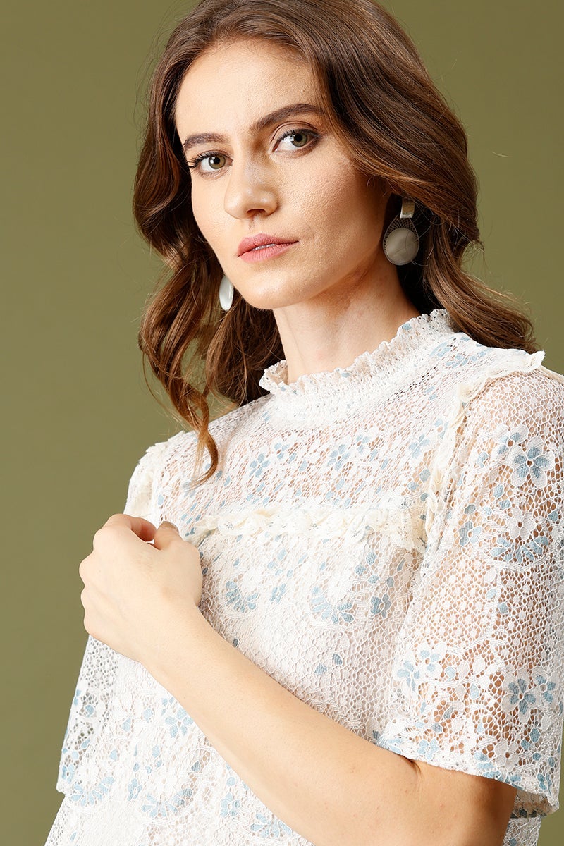Cream Medium Length Choker Neck Polyester Top