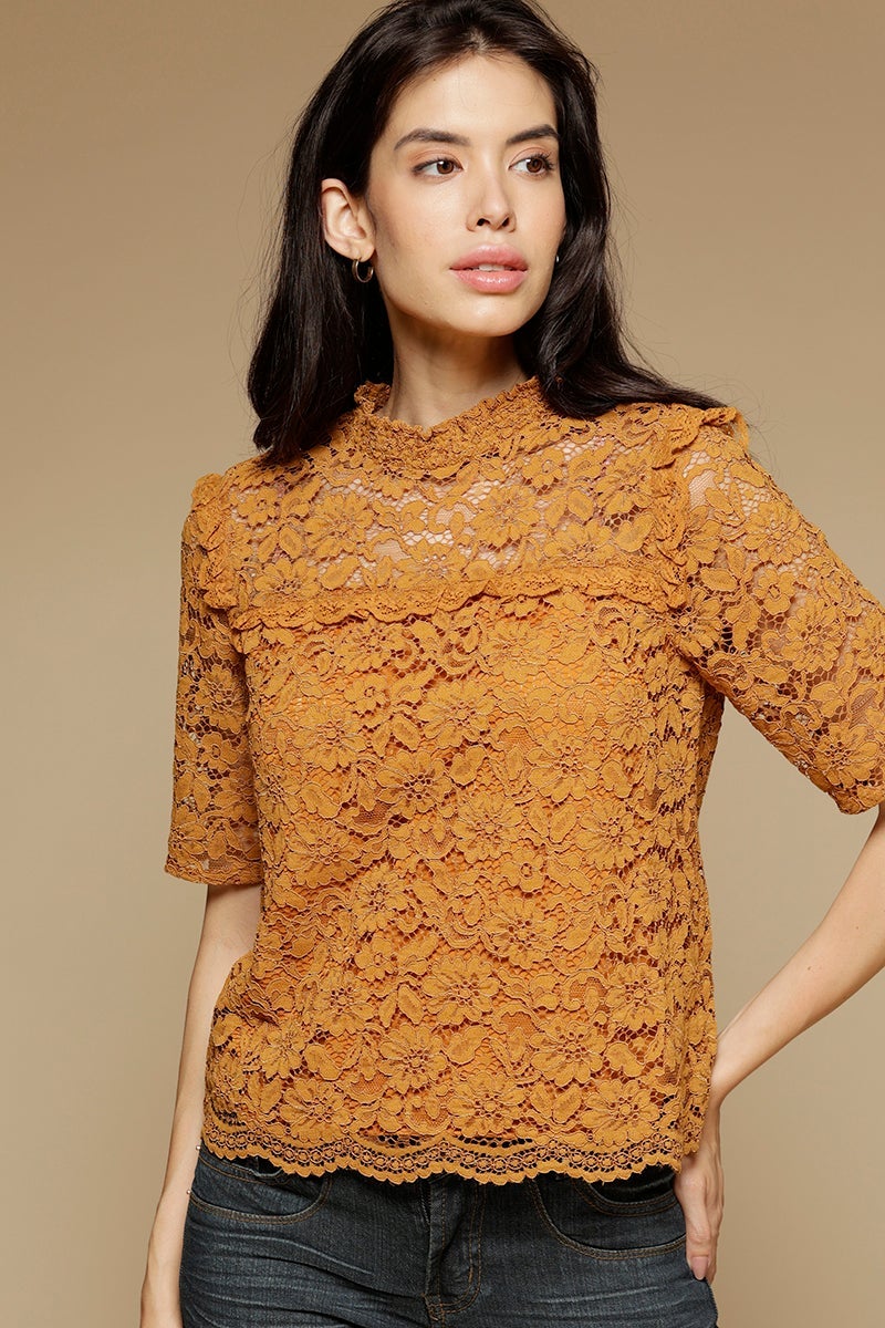 Mustard Medium Length Choker Neck Short Sleeves Polyester Top