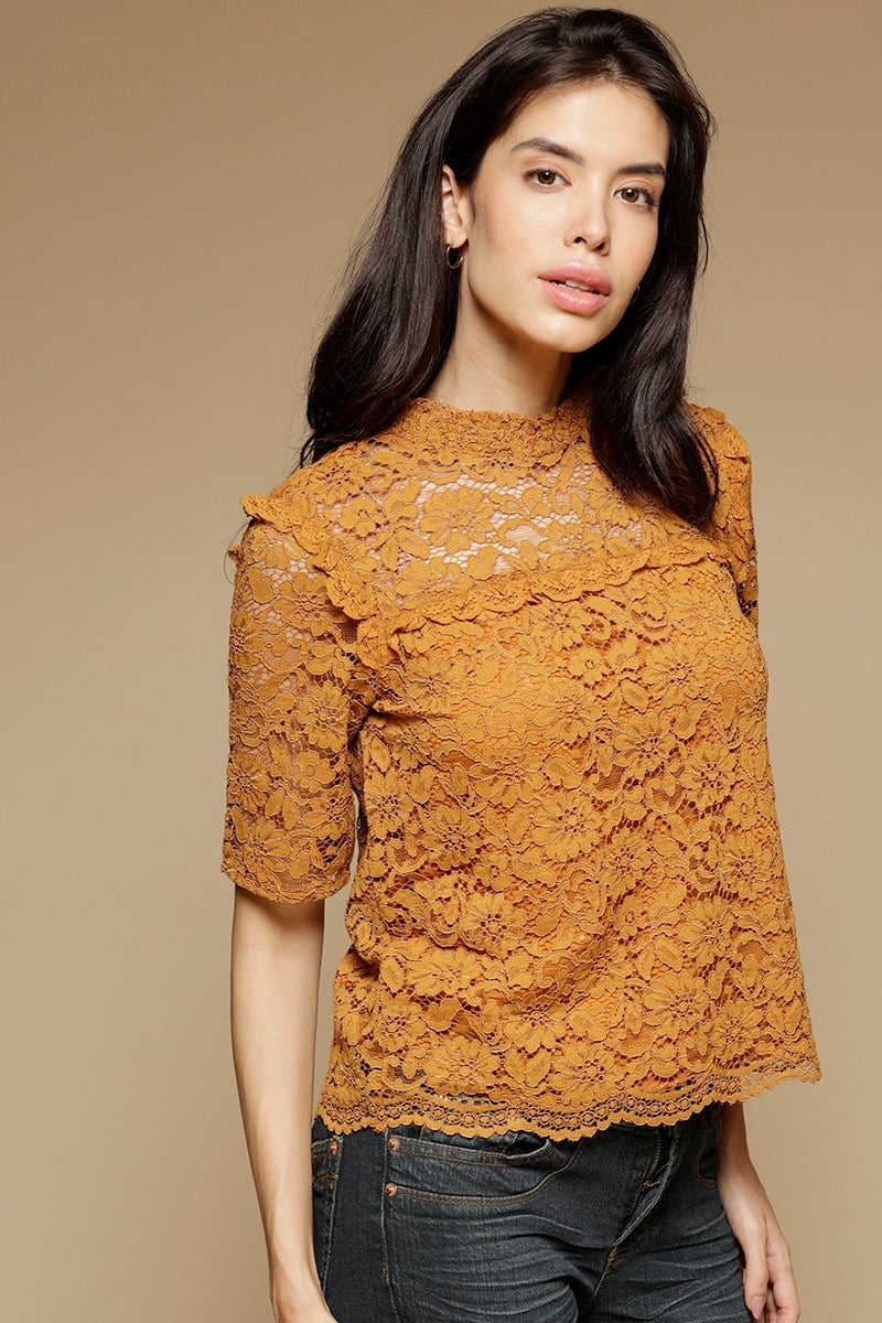 Mustard Medium Length Choker Neck Short Sleeves Polyester Top