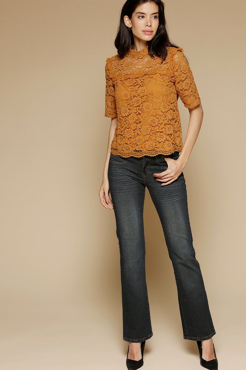 Mustard Medium Length Choker Neck Short Sleeves Polyester Top