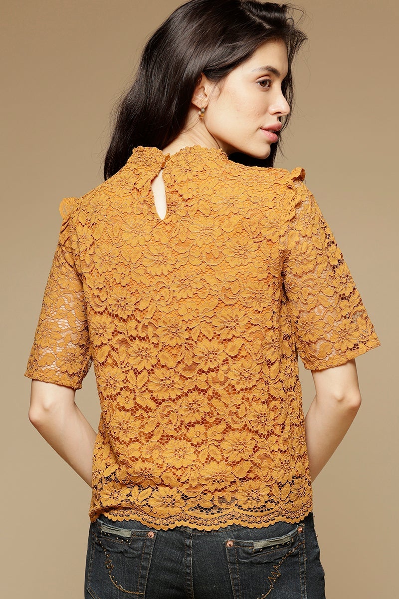 Mustard Medium Length Choker Neck Short Sleeves Polyester Top