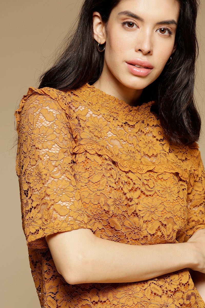 Mustard Medium Length Choker Neck Short Sleeves Polyester Top