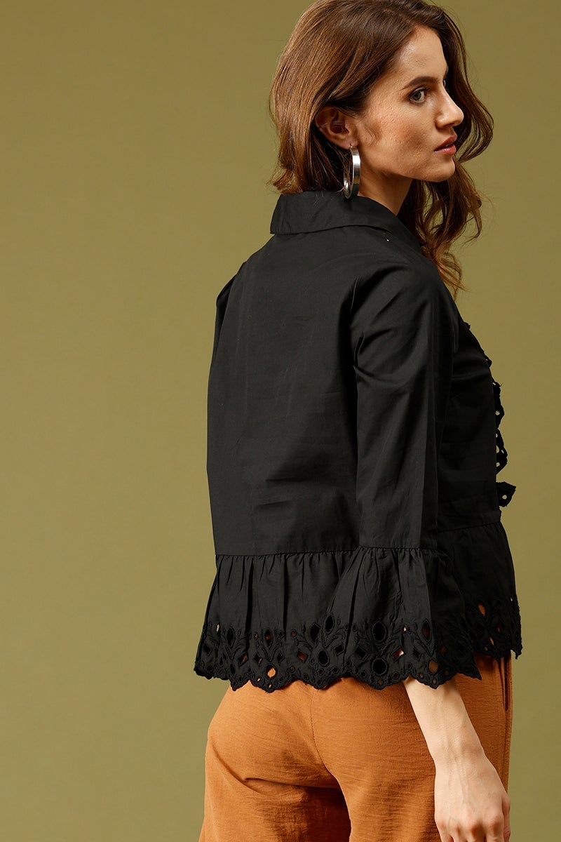 Black Medium Length Round Neck Cotton Top