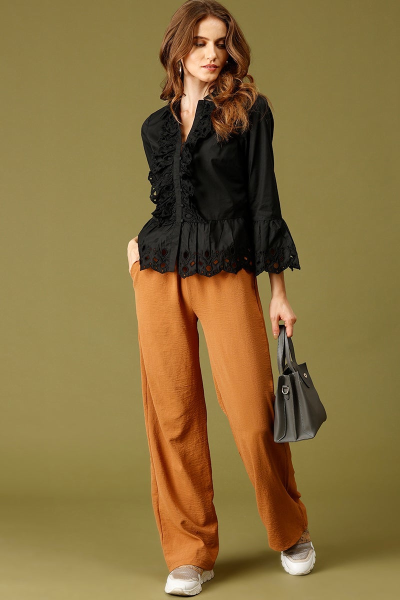 Black Medium Length Round Neck Cotton Top