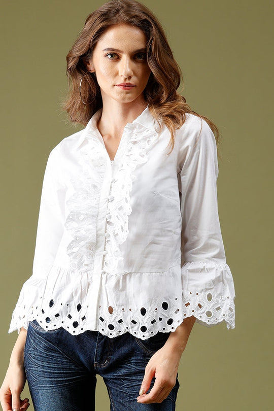 White Medium Length Round Neck Cotton Top
