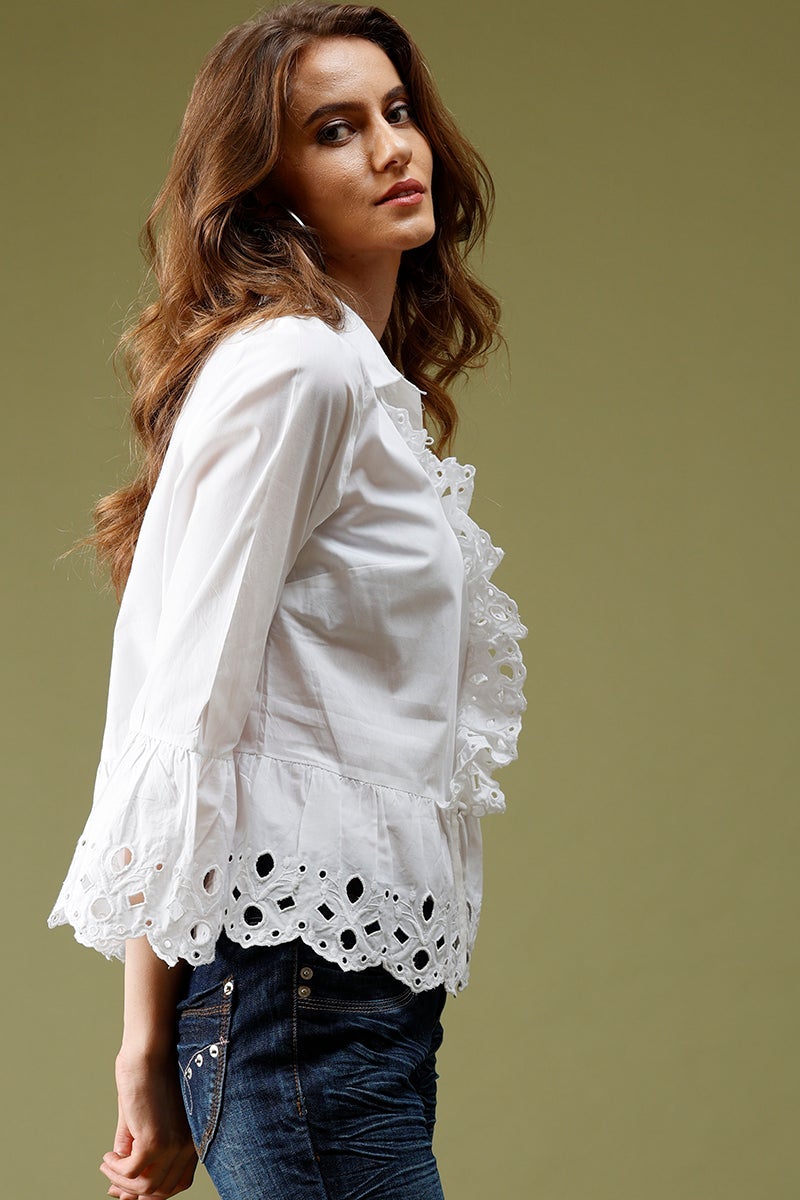 White Medium Length Round Neck Cotton Top
